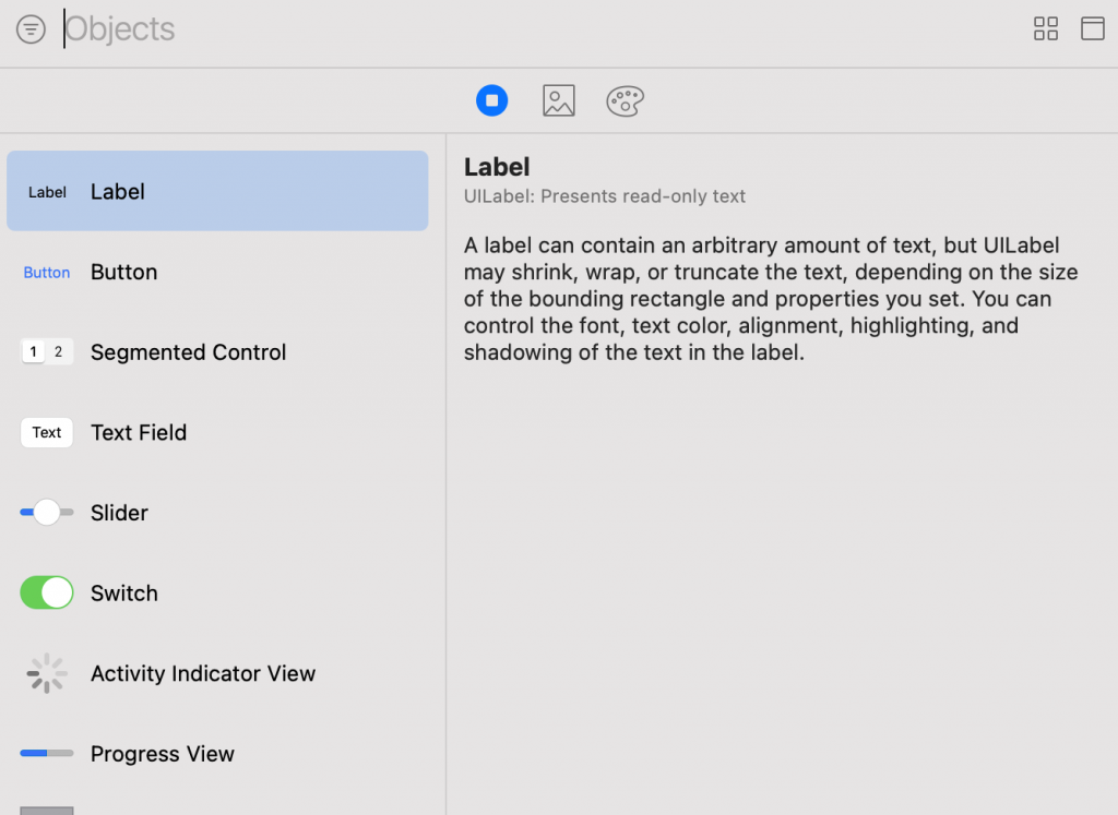 iOS object library menu